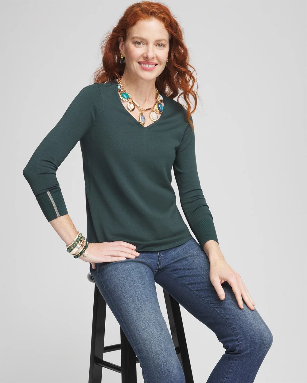 Caviar Trim V-Neck Pullover Sweater