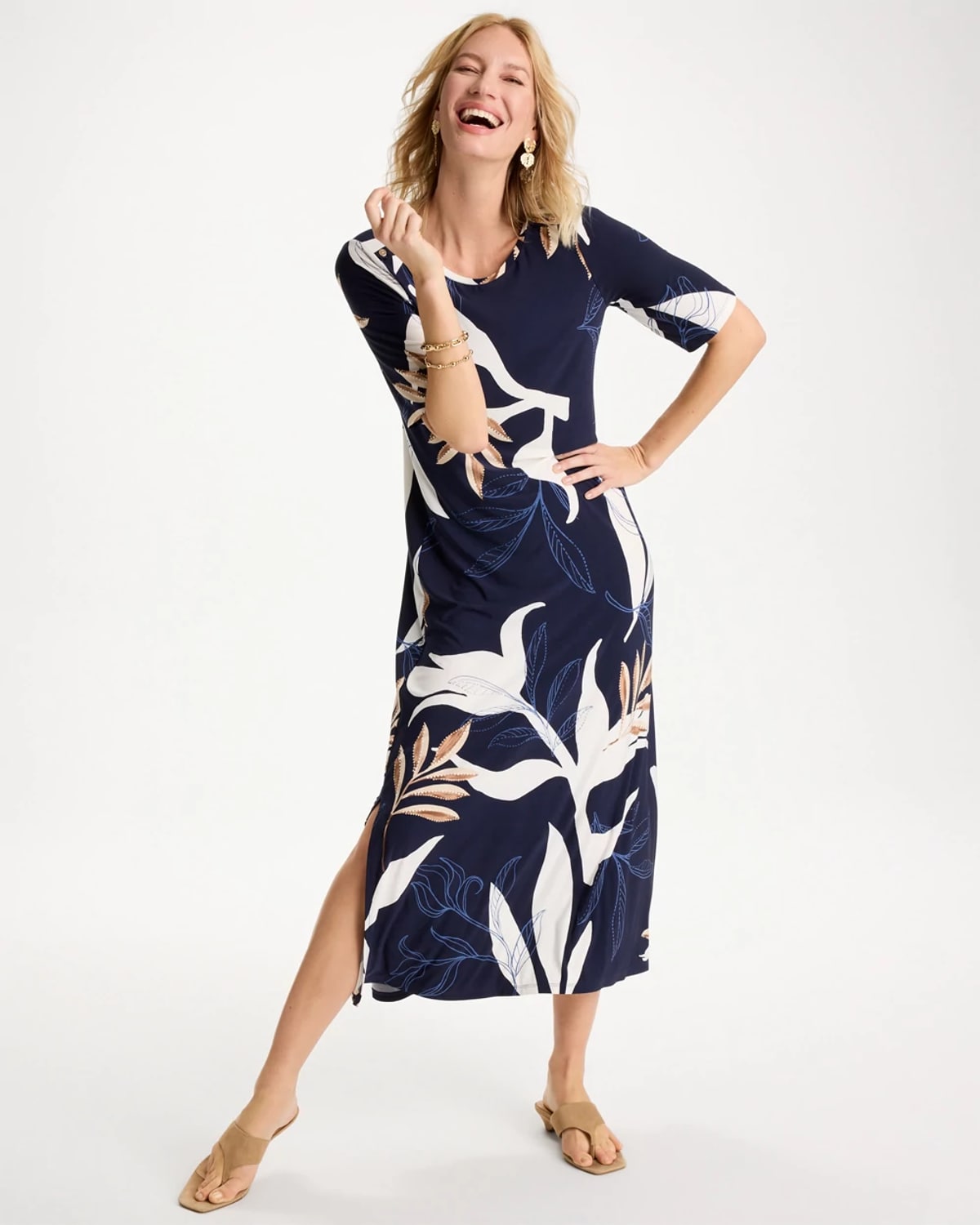 Chico's Printed Jersey Knit Column Dress In Blue