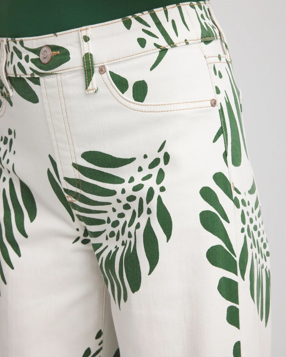 Palm-Frond-Motif Pull-On Wide-Leg Cropped Jeans