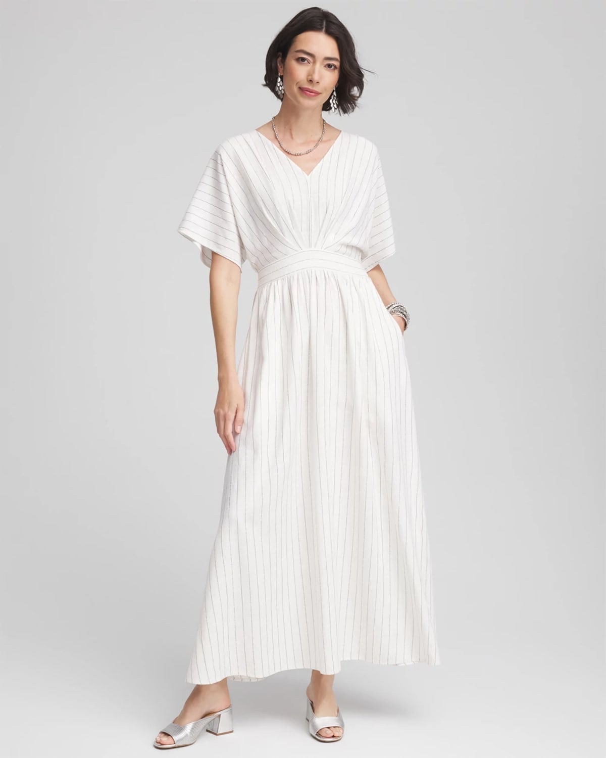Chico's Metallic Striped Maxi Dress In White In Sand