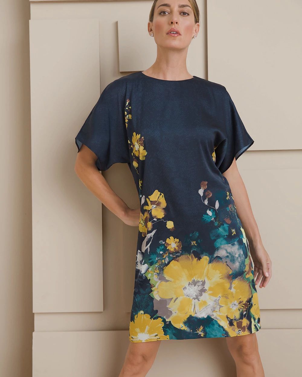 Floral-Print Satin Shift Dress