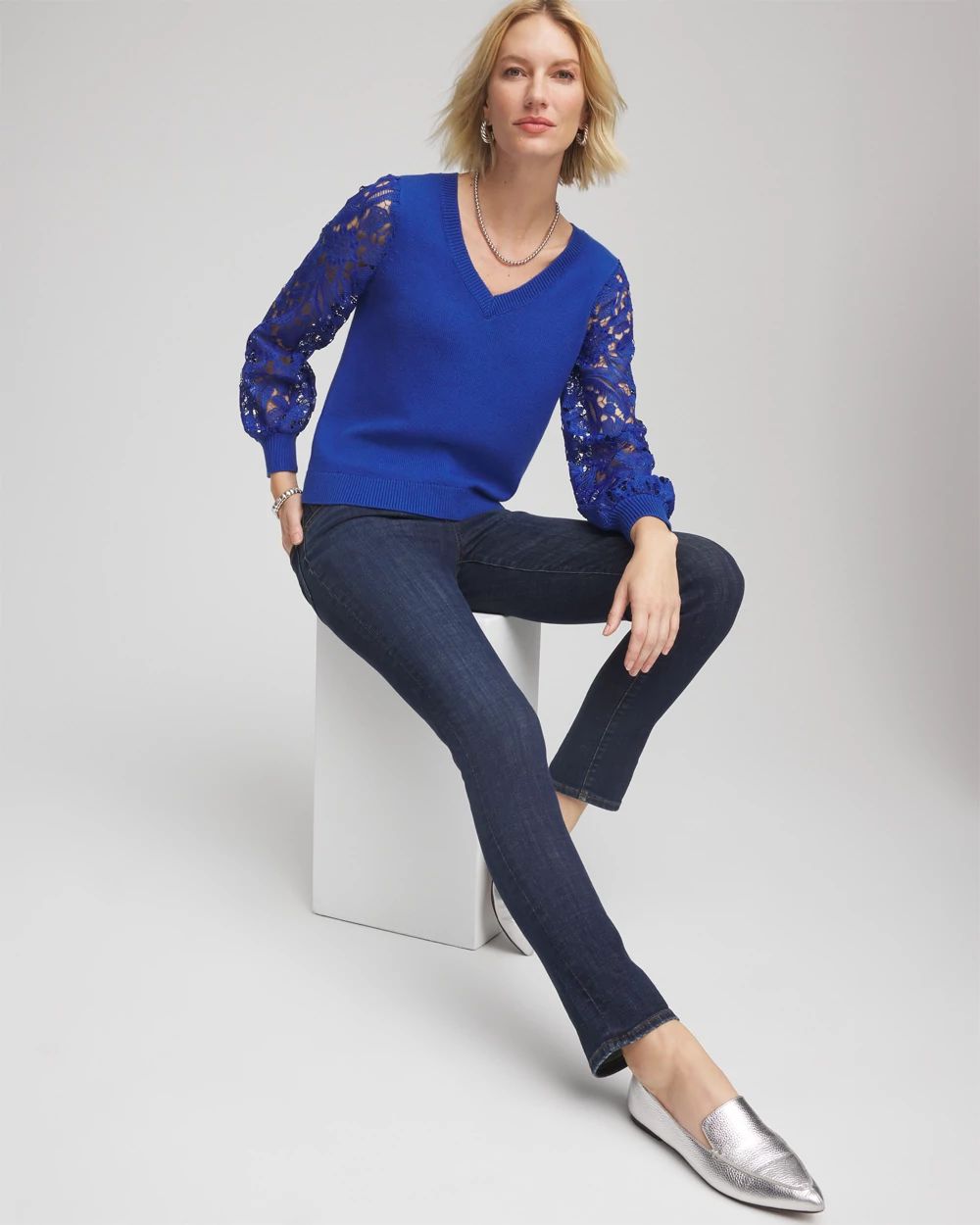 Woven Lace V-Neck Pullover Sweater click to view larger image.