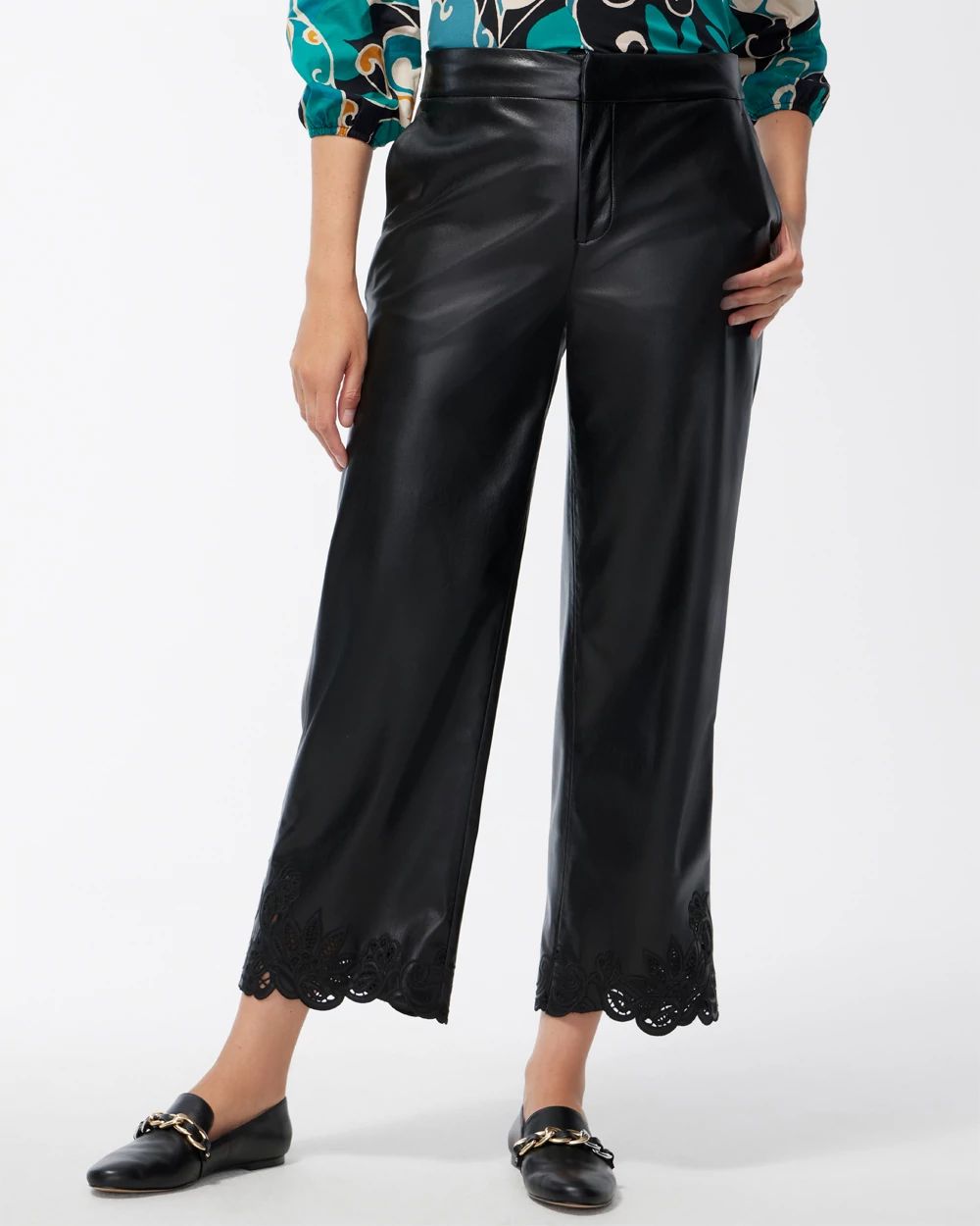 Faux Leather Cutwork Hem Trousers