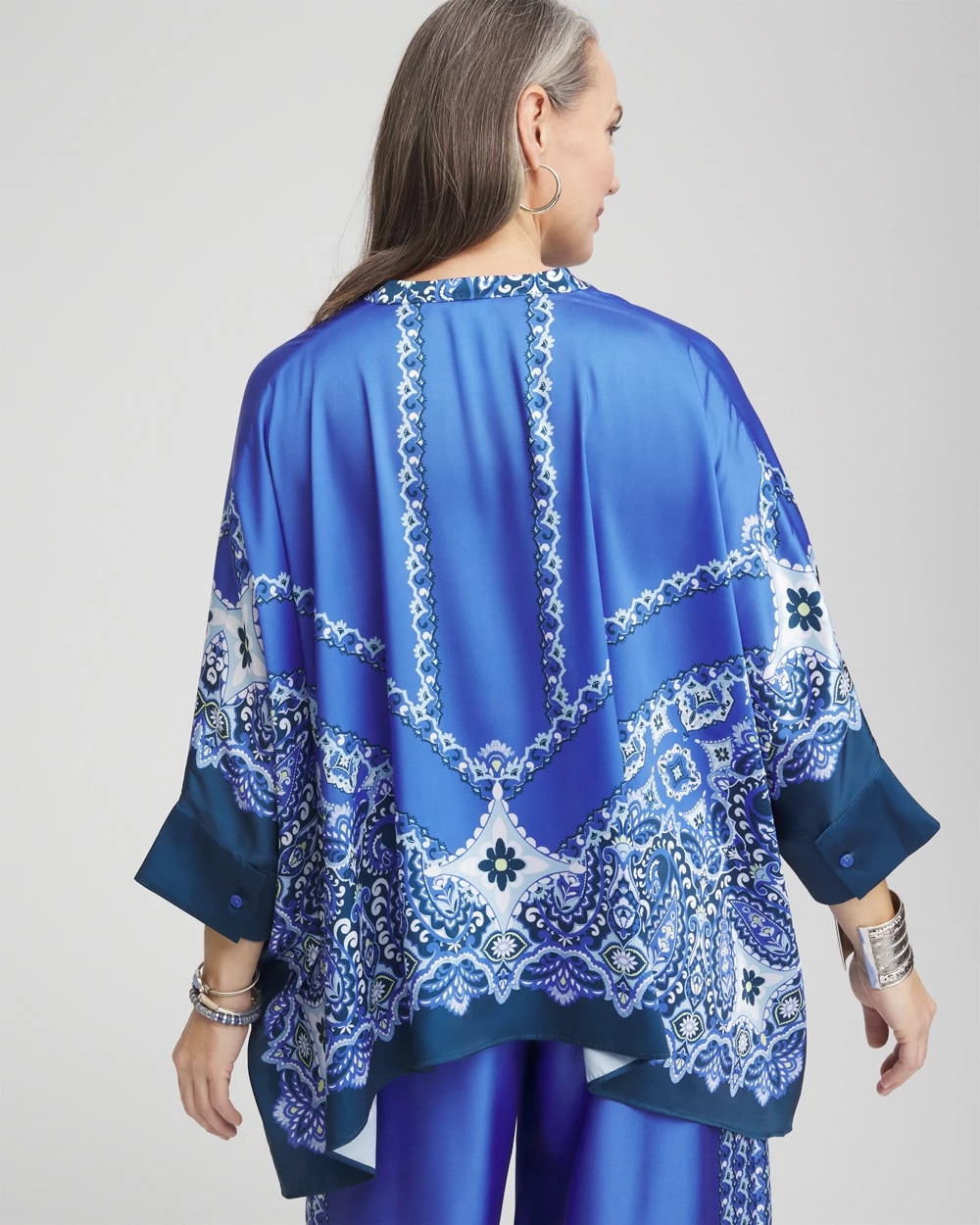 Paisley Splitneck Pleated-Cuff Poncho