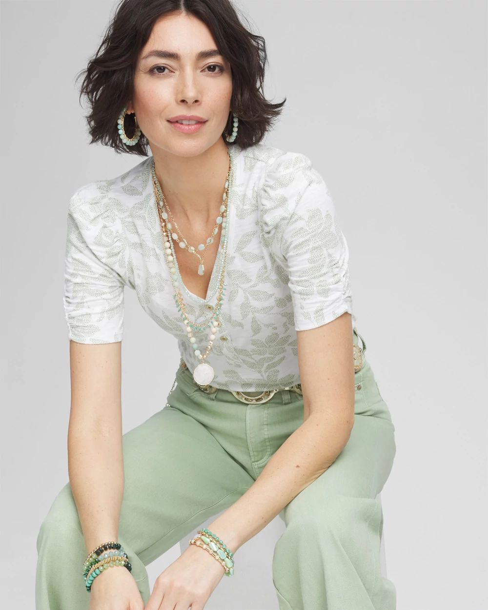 Henley Shirred-Sleeve Slub Tee click to view larger image.