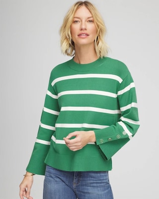 Striped Button Sleeve Crewneck Pullover Sweater