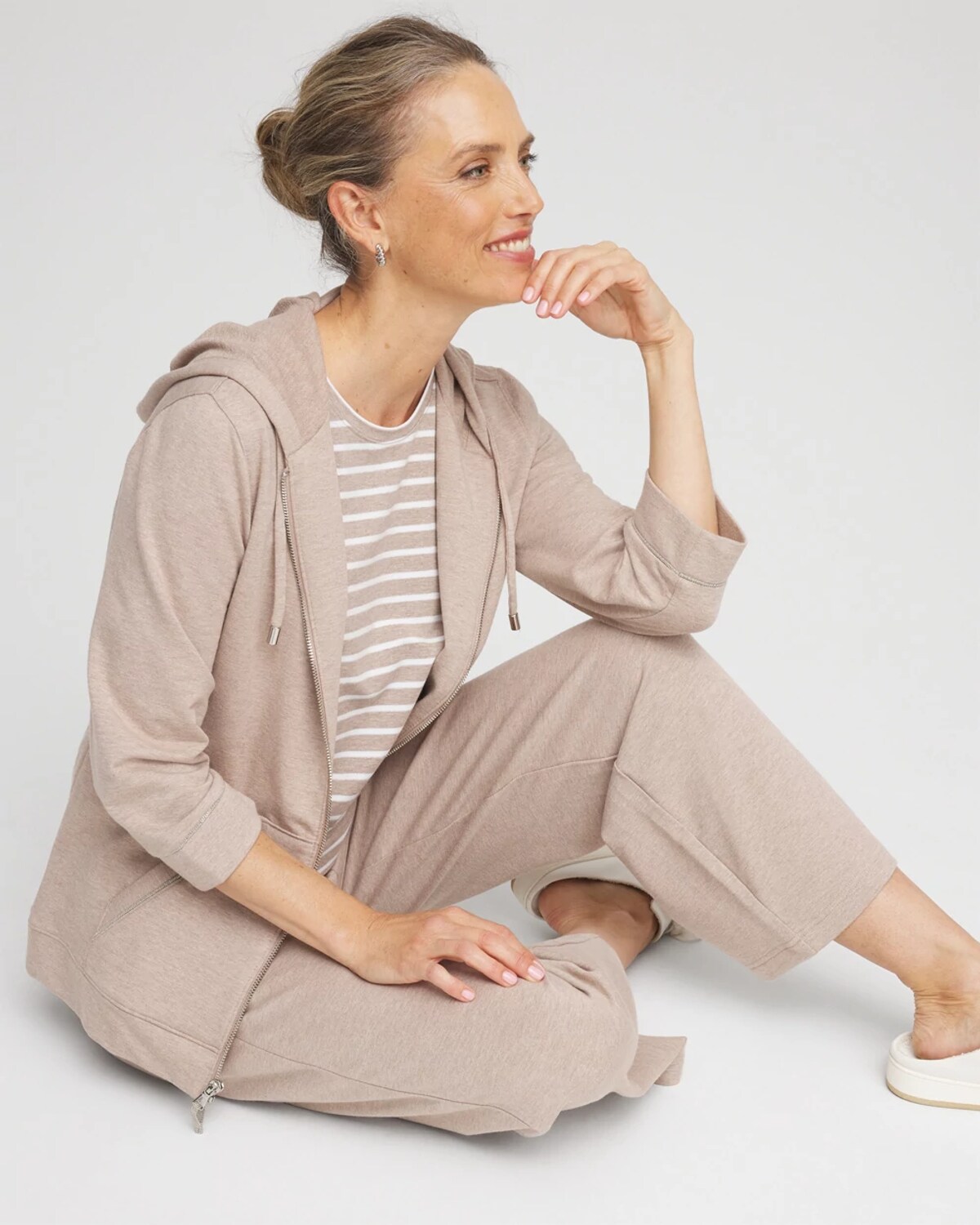 Chico's French Terry Full-zip Hoodie In Light Taupe Heather