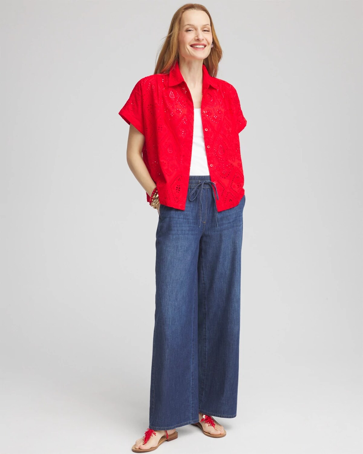 Chico's Embroidered Eyelet Button-down Top In Red