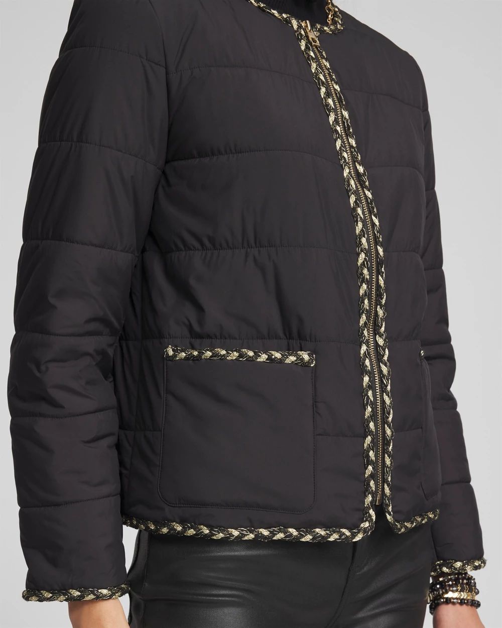 Tweed Trim Faux Nylon Jacket
