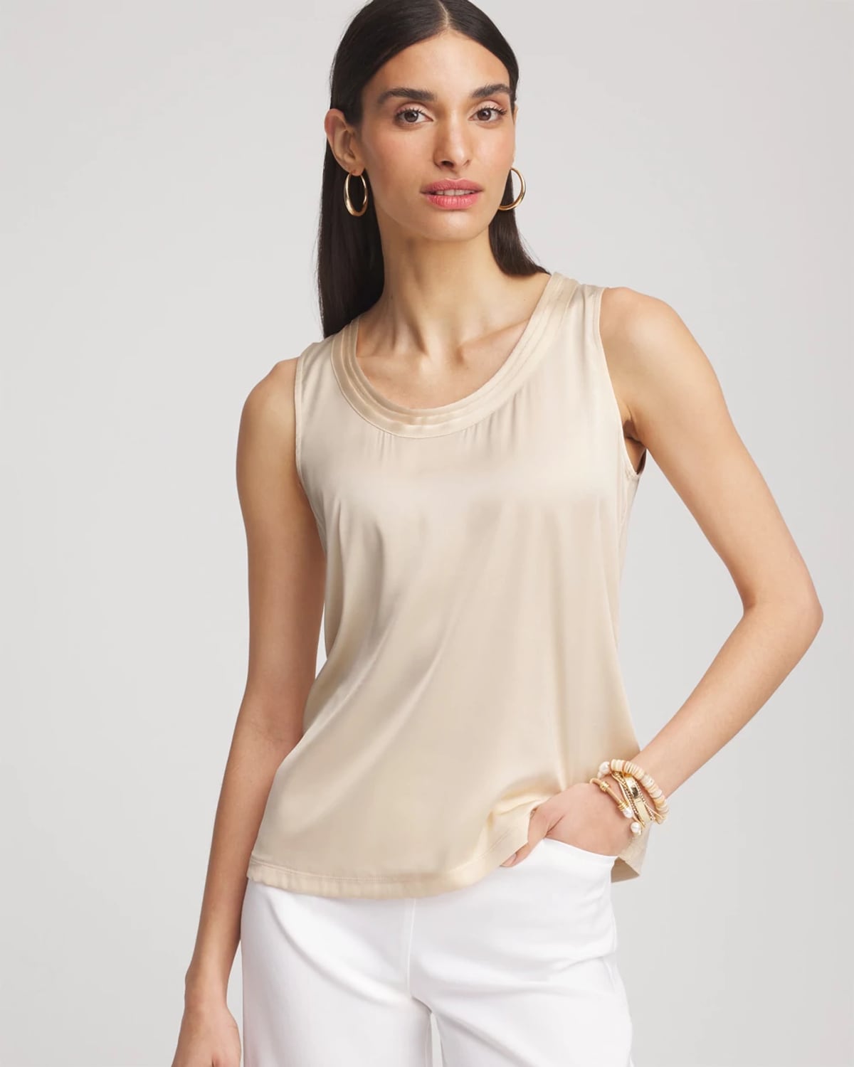 Chico's Touch Of Cool Jersey & Satin Tank Top In Neutral
