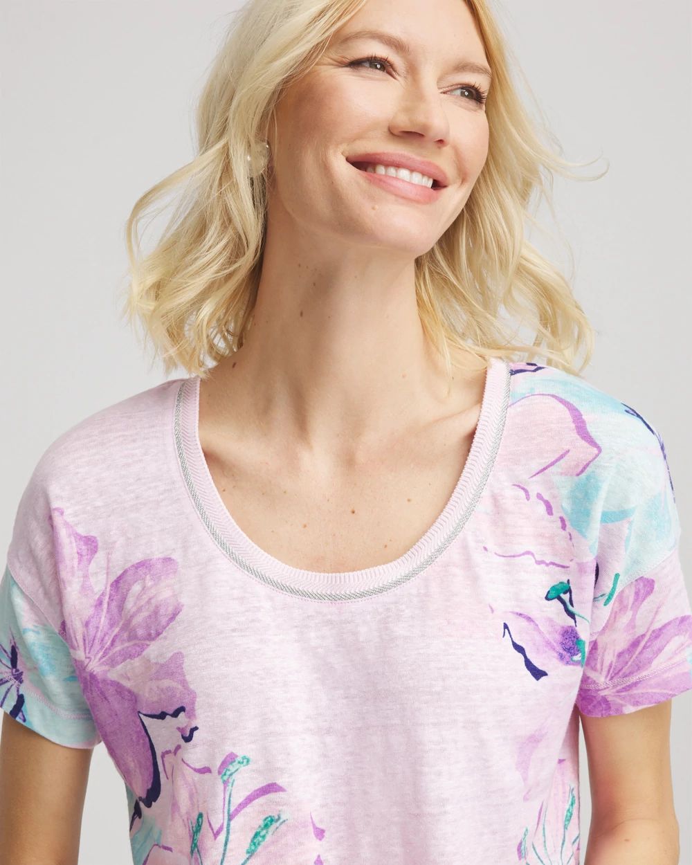 Floral Sweater-Trim Linen Tee