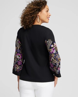 Knit Woven Embroidered Sleeve Top