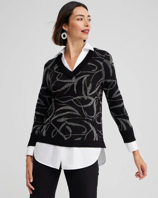 Knit Woven Ribbon Print Pullover Sweater