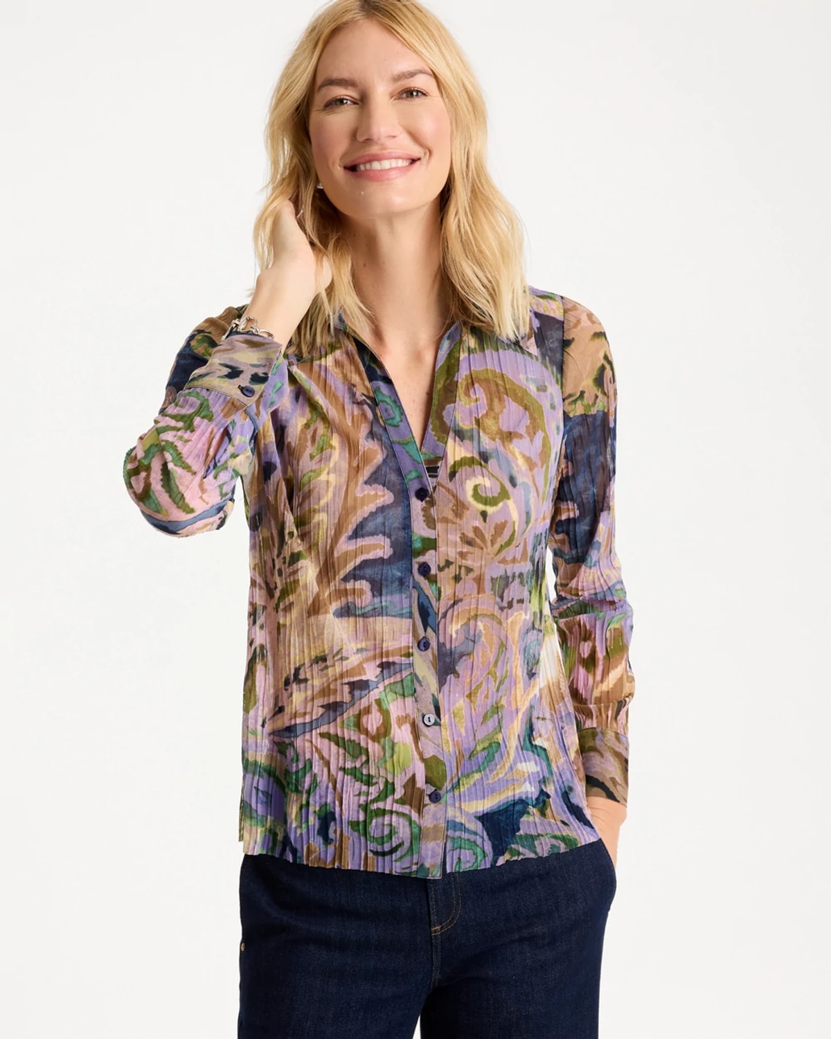 Women's Paisley Semi-Sheer Crinkle Mesh Top in Lavender Haze | Chico's