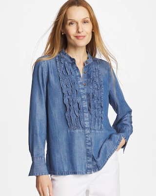 Denim Ruffle Front Shirt