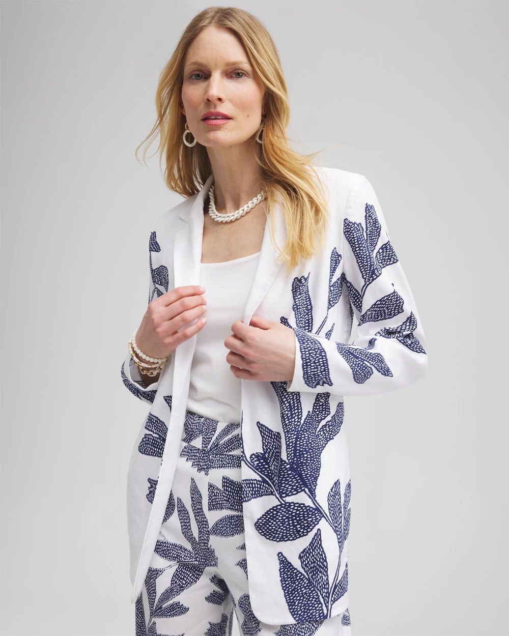 Printed Linen Blend Stretch Blazer