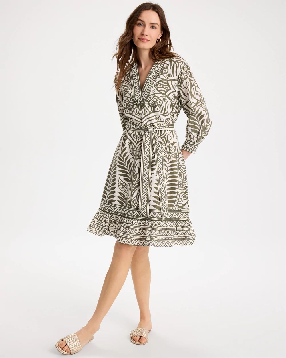 Printed Cotton-Linen Belted Dress