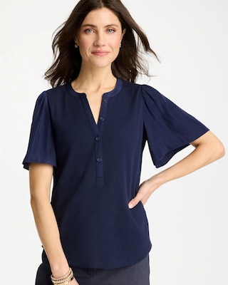 Rib Knit Woven Flutter Sleeve Tee