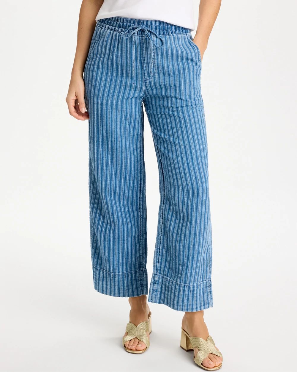 Lightweight Wide-Leg Stripe Cropped Jeans