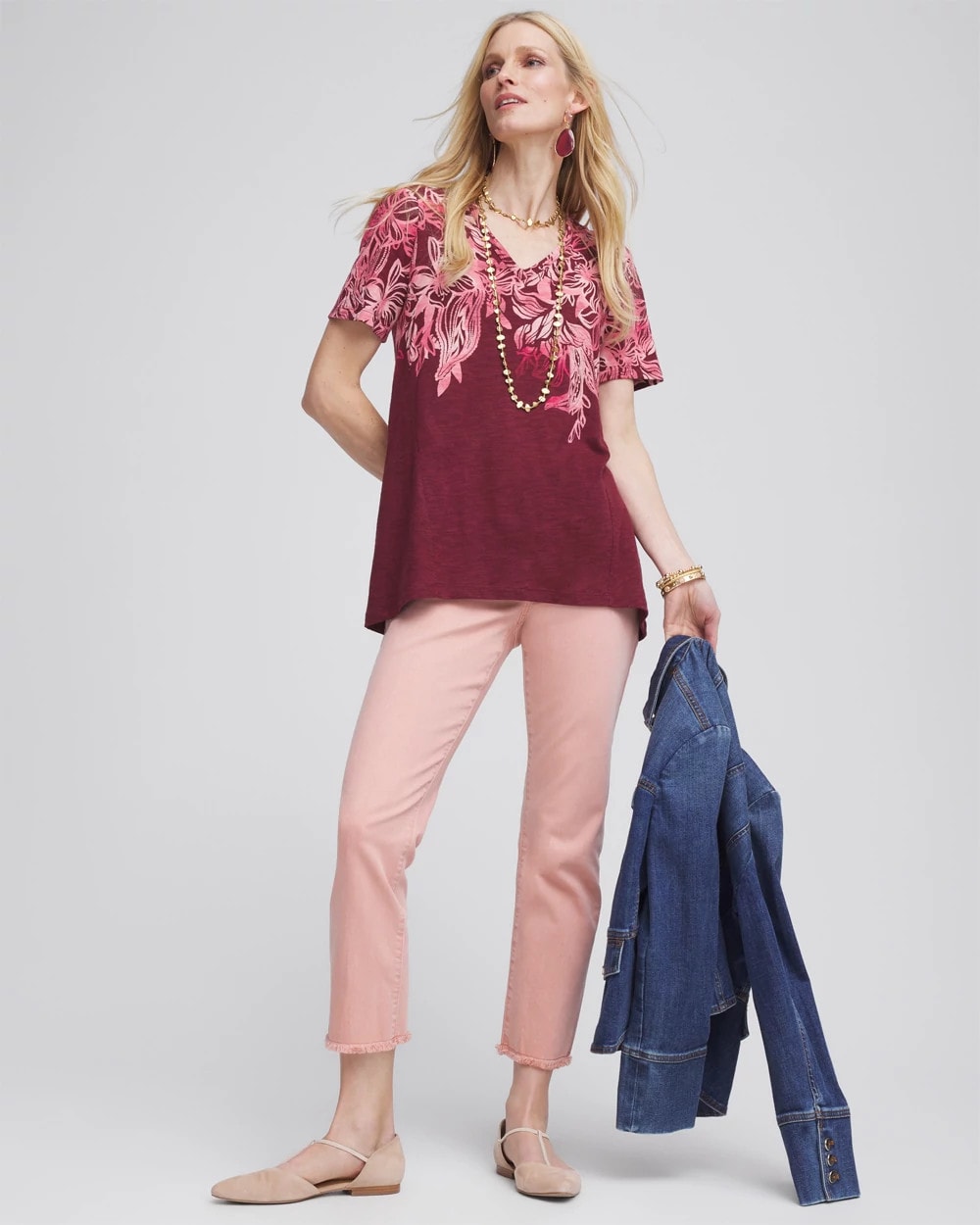 Floral Print Slub V-Neck Tee