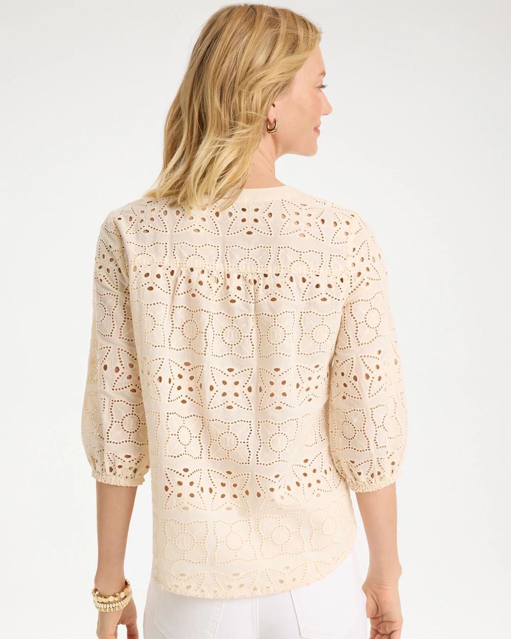 Cotton Voile Eyelet 3/4 Sleeve Blouse click to view larger image.