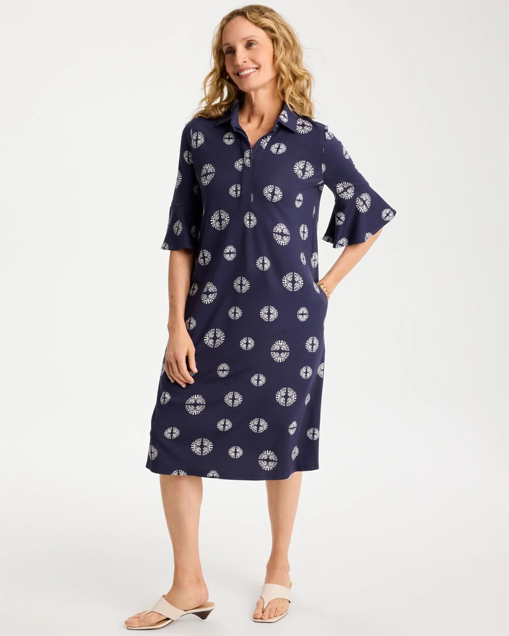 Printed Ponte Flounce Sleeve Dress