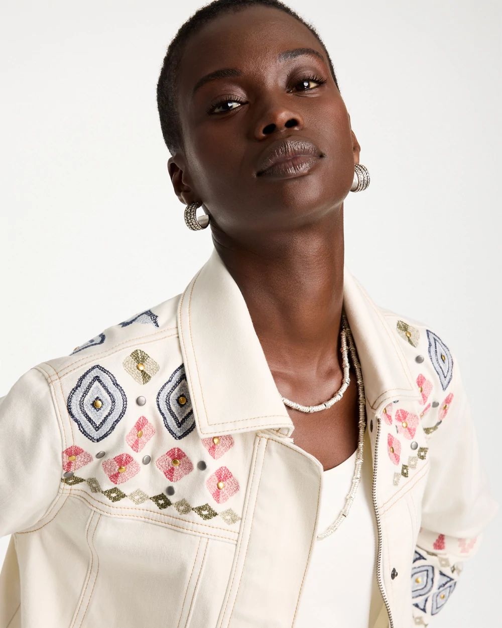 Cropped Embroidered Denim Jacket click to view larger image.