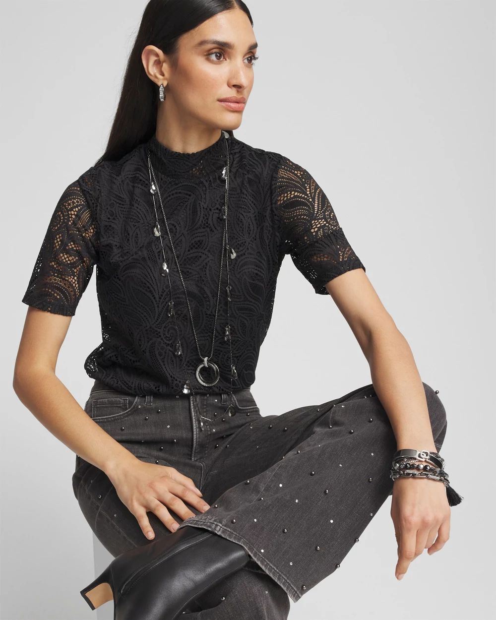 Lace Mock-Neck Short Sleeve Tee