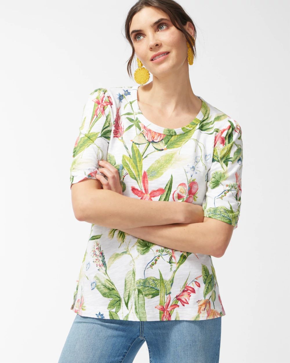 Floral Gathered Sleeve Slub Tee