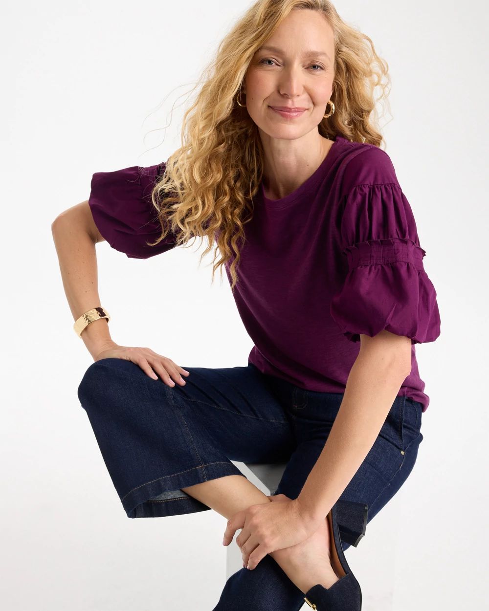 Cotton Slub Poplin Pleat Sleeve Tee click to view larger image.
