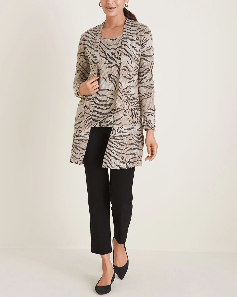 Tiger-Print Rib Knit Cardigan Sweater