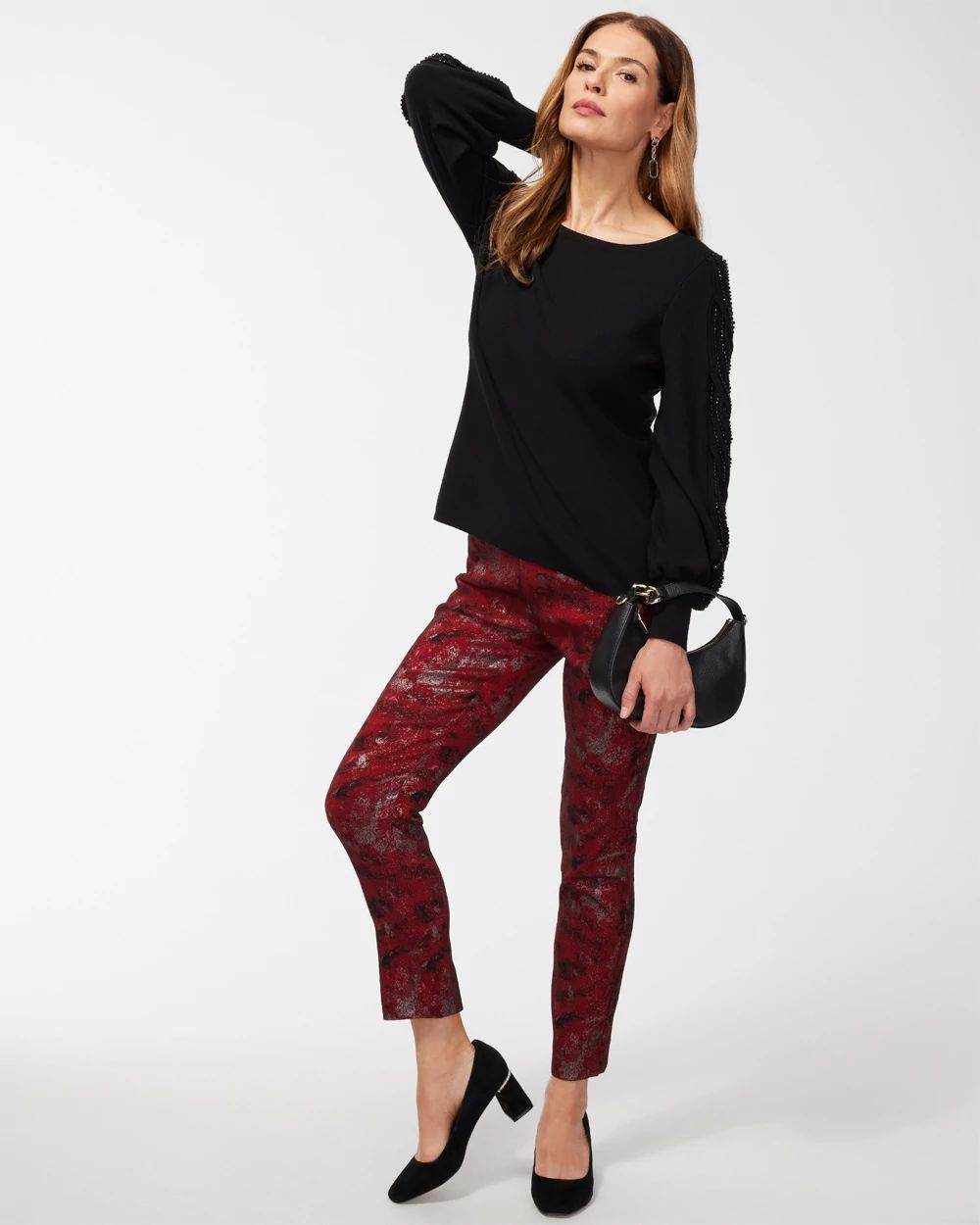 Brigitte Red Lurex Jacquard Ankle Pants