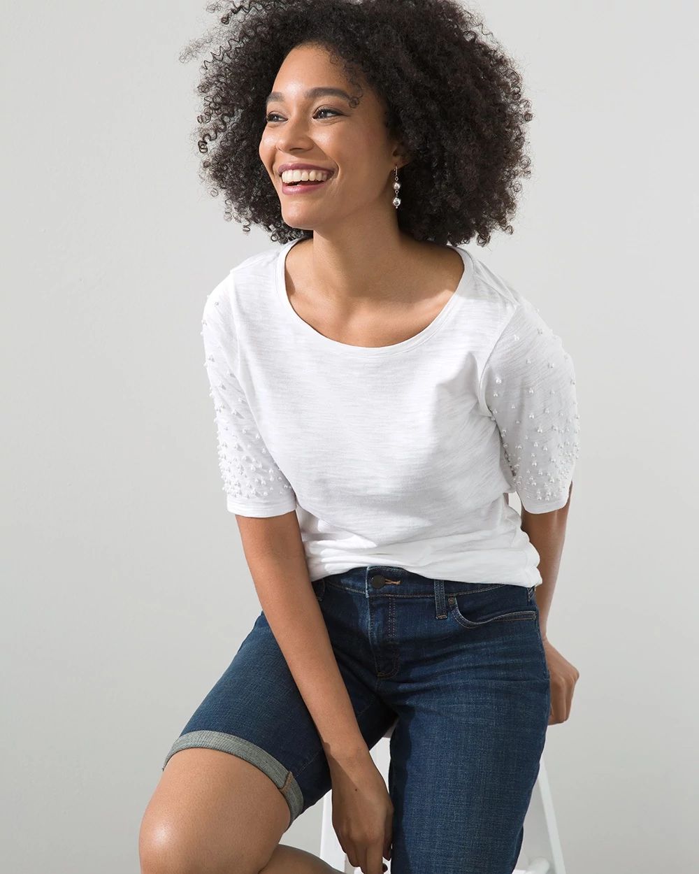 Faux Pearl Sleeve Slub Tee