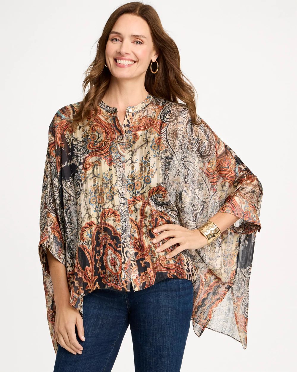 Button-Front Crewneck Cuffed Poncho