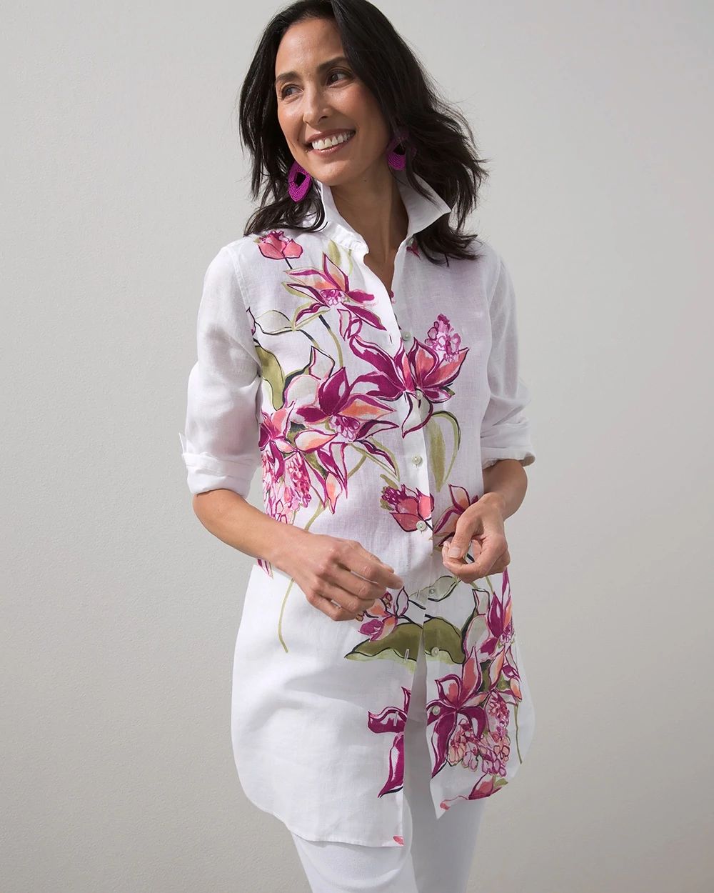 No-Iron Linen Floral Tunic