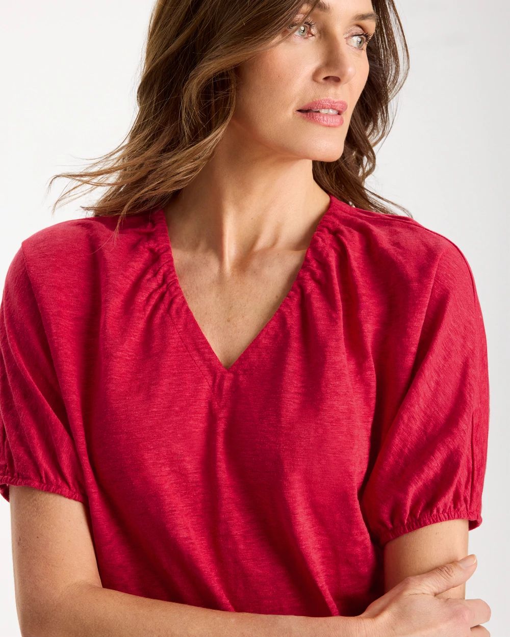 Linen Ruched V-Neck Tee click to view larger image.