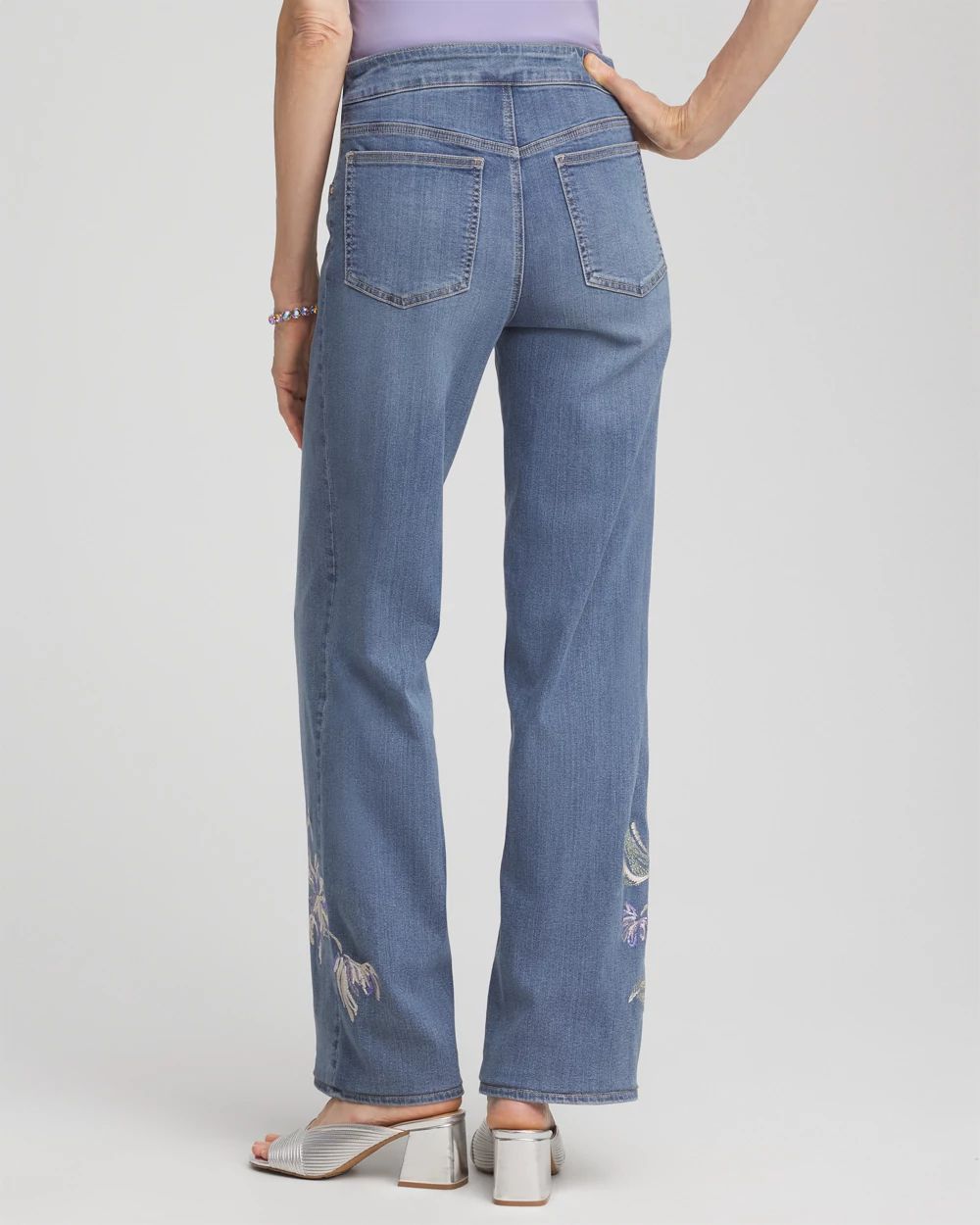 Embroidered Pull-On Wide-Leg Jeans click to view larger image.