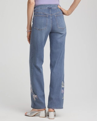 Embroidered Pull-On Wide-Leg Jeans