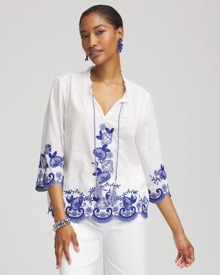 Embroidered Tassel Tie-Front Blouse click to view larger image.