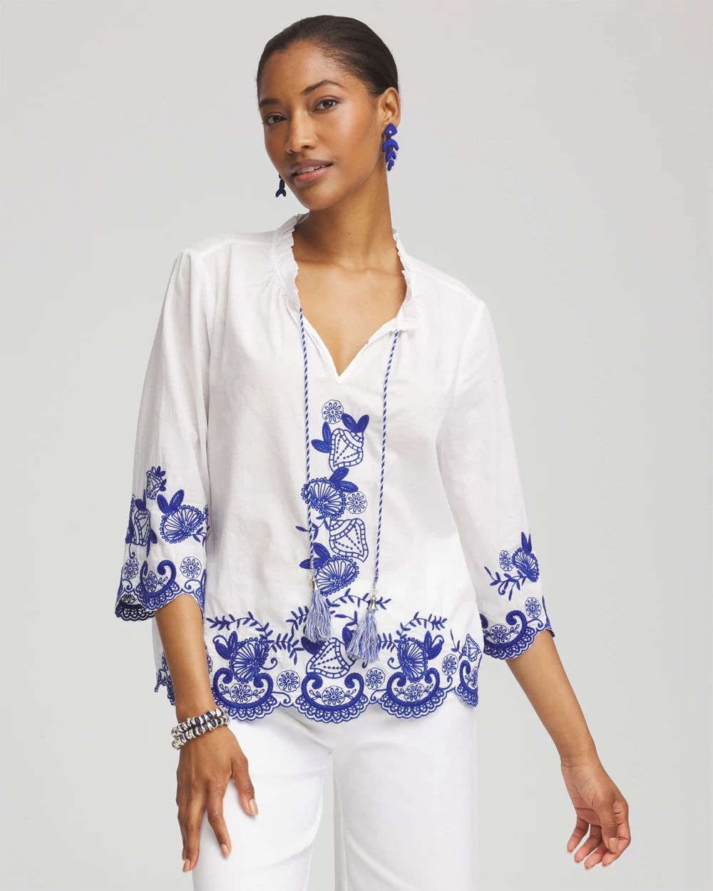 Embroidered Tassel Tie-Front Blouse