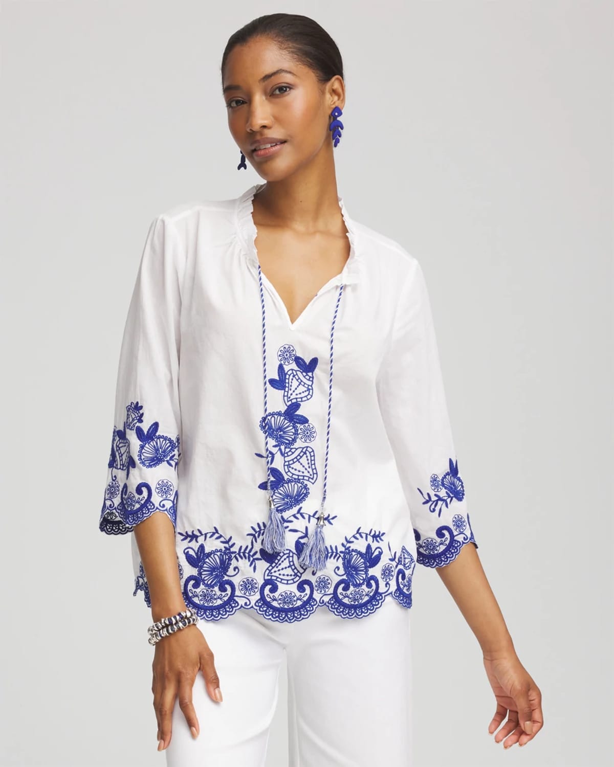 Chico's Embroidered Tassel Tie-front Blouse In Blue