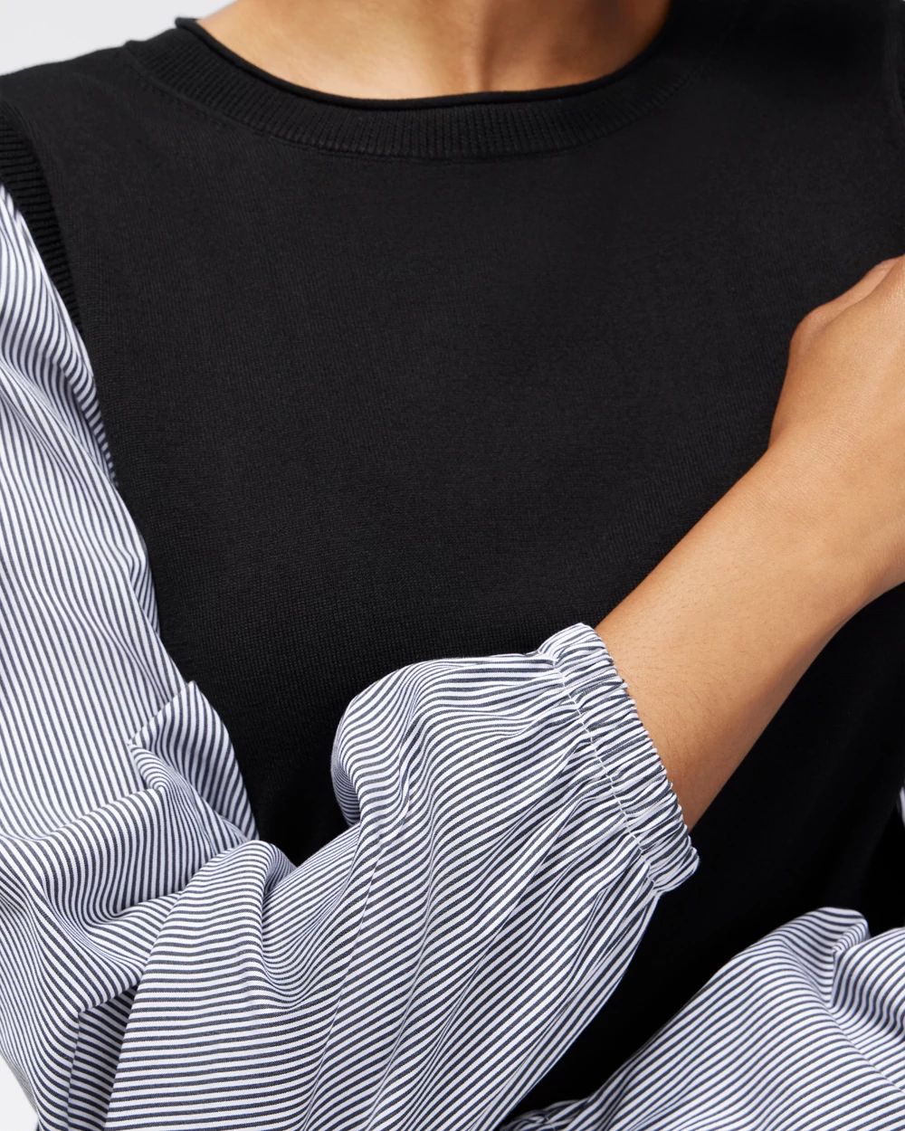 Black Knit Woven Pullover Sweater