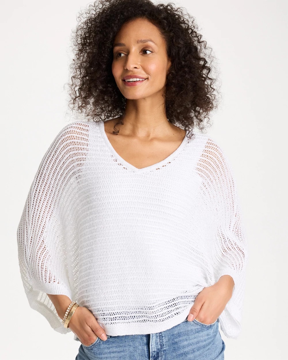 V-Neck Metallic Knit Poncho