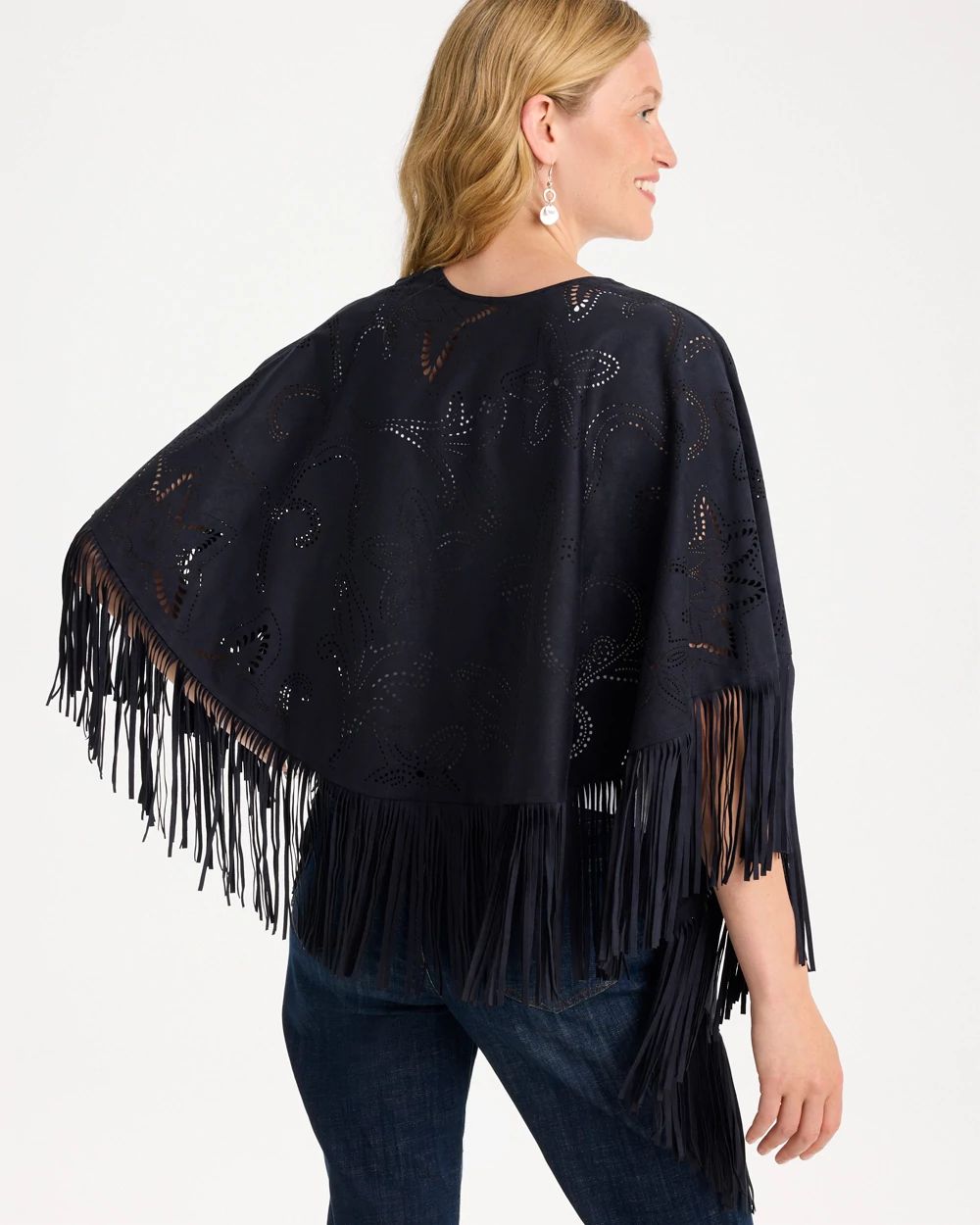 Cutout Faux Suede Fringe Ruana click to view larger image.