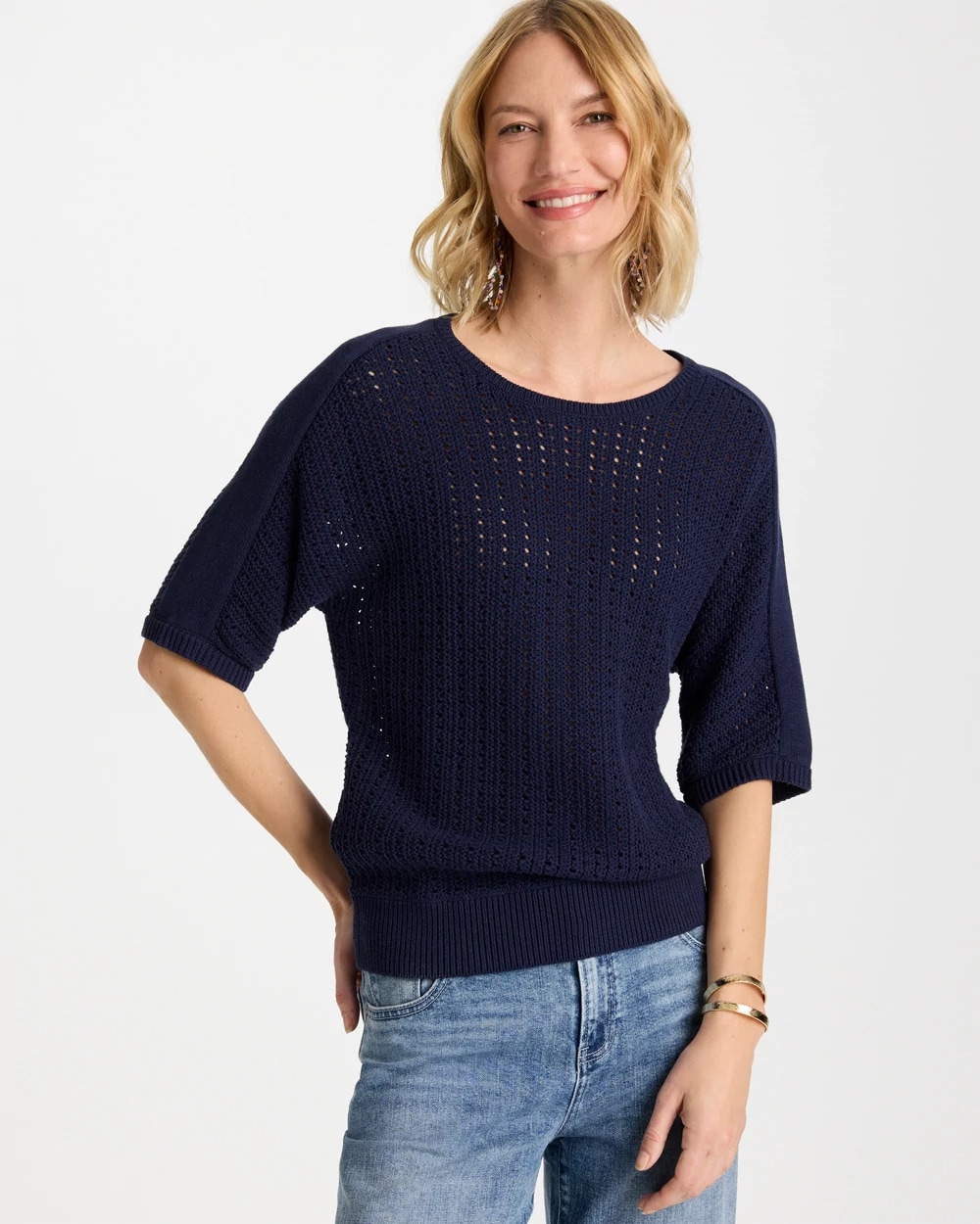 Pointelle Crewneck Pullover Sweater, photo 1 of 5