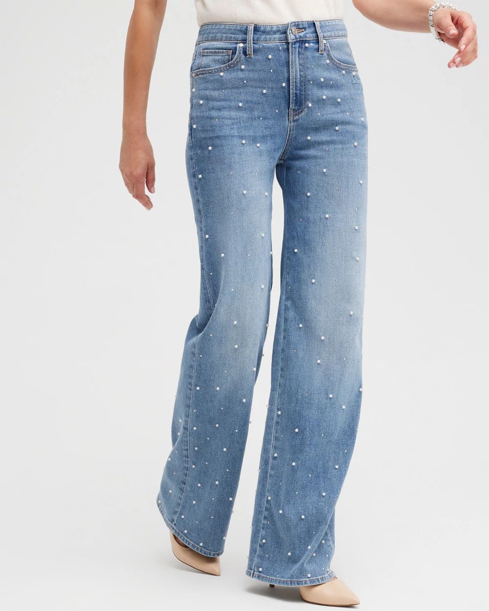 High Rise Faux Pearl Wide Leg Jeans