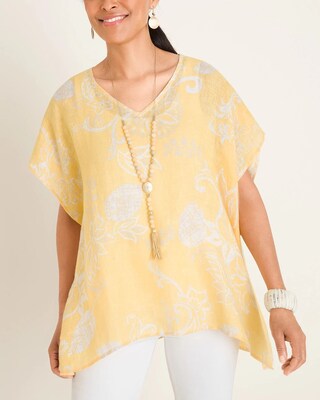 Warm-Toned Foliage-Print Linen Poncho