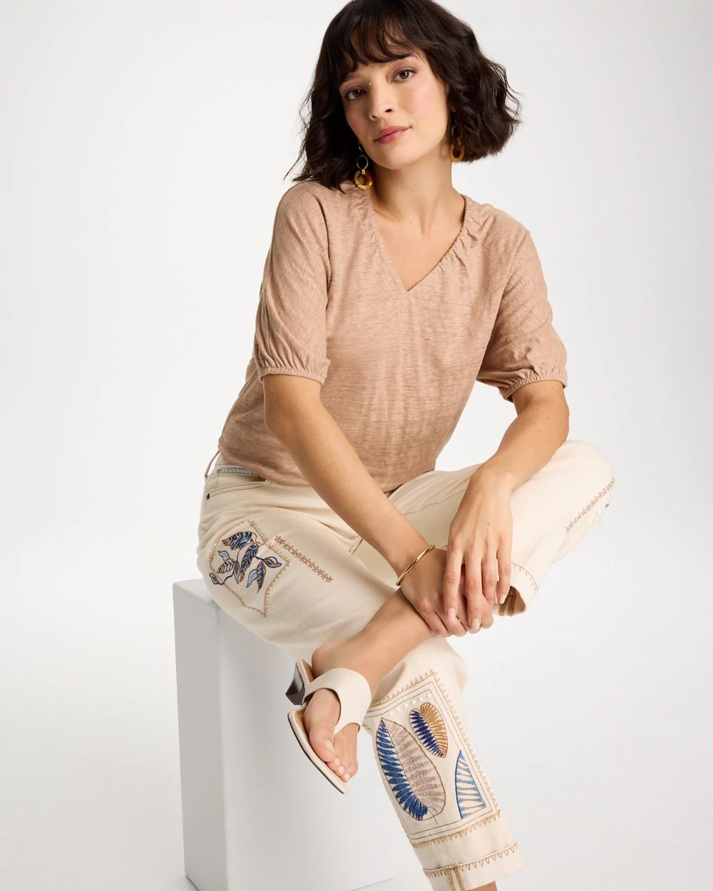 Linen Ruched V-Neck Tee click to view larger image.