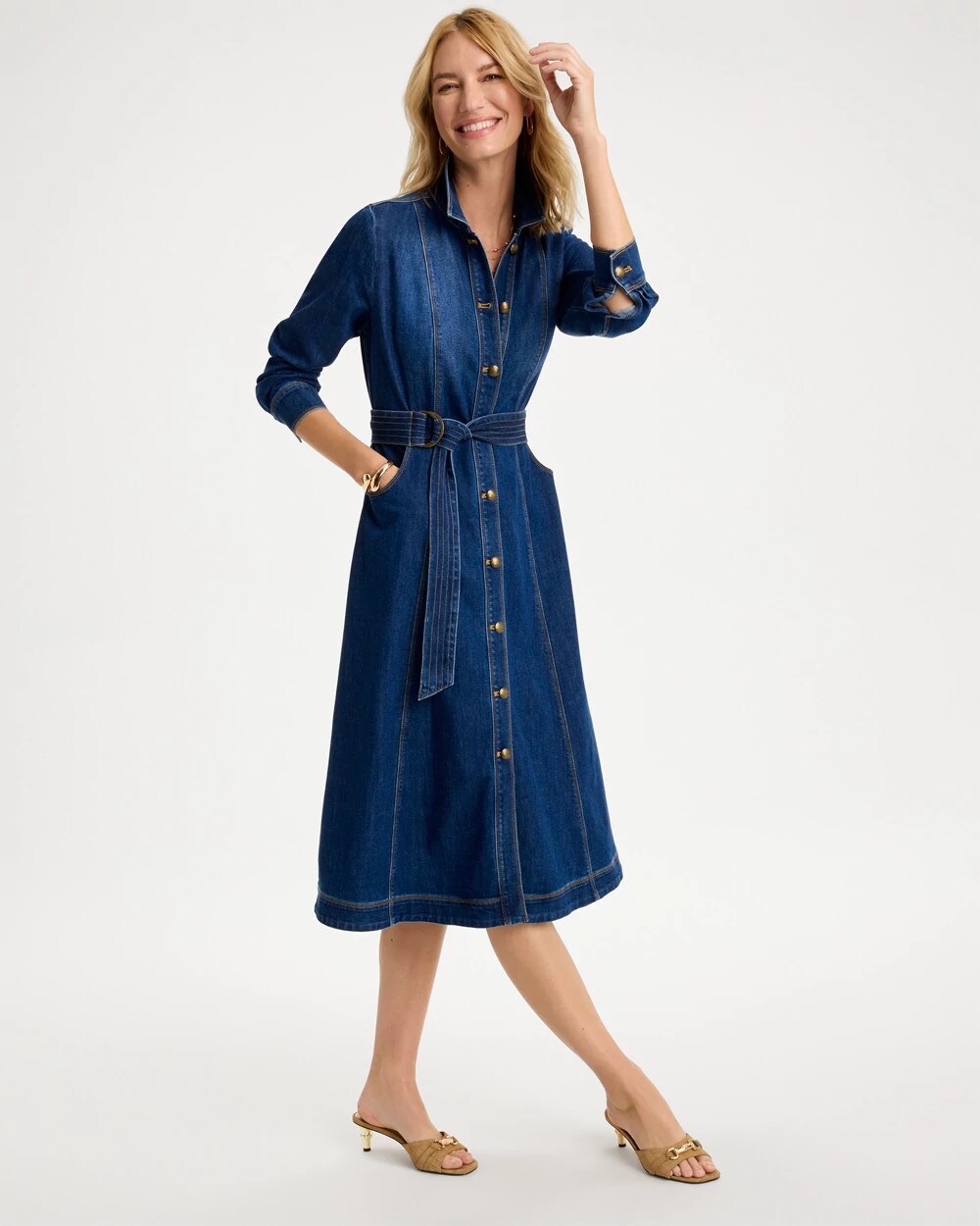 Denim Midi Trapunto-Belted Shirtdress