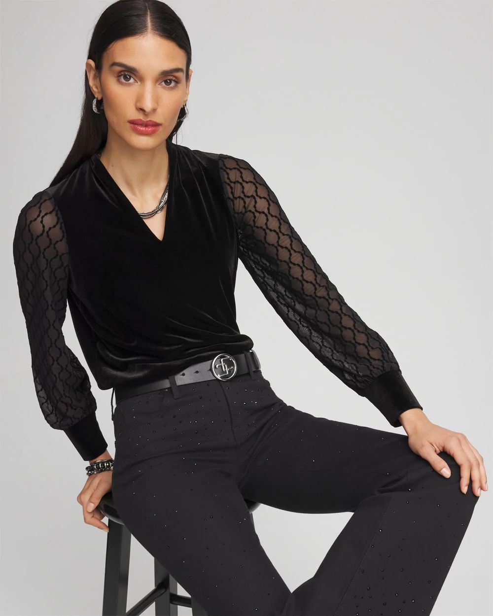 Velvet V-neck Long Sleeve Top